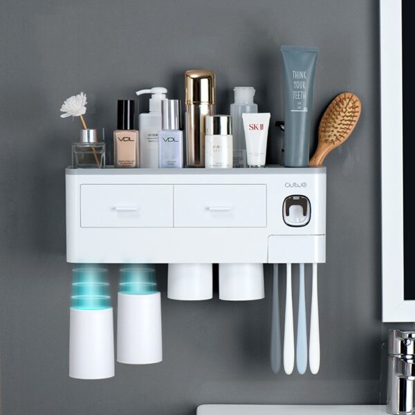 Toothbrush Holder with Toothpaste Dispenser, Cups & Storage
