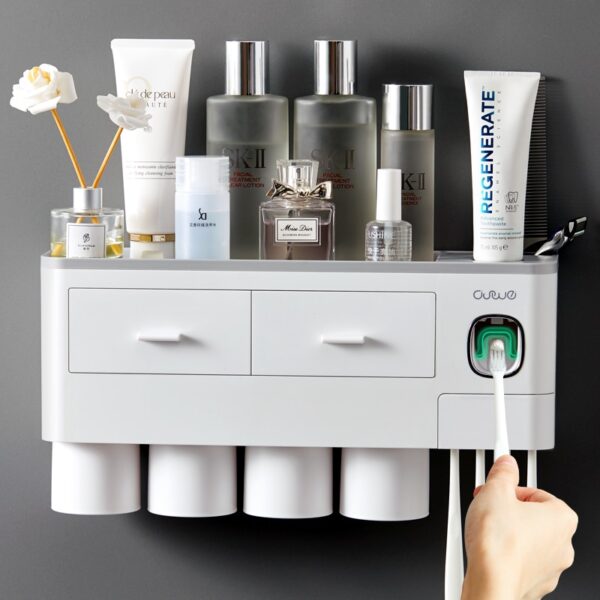 Toothbrush Holder with Toothpaste Dispenser, Cups & Storage - Image 2
