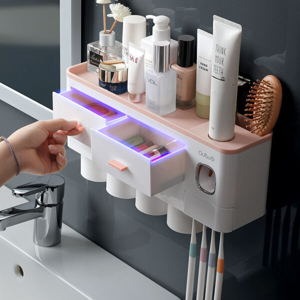 Toothbrush Holder with Toothpaste Dispenser, Cups & Storage - Image 3